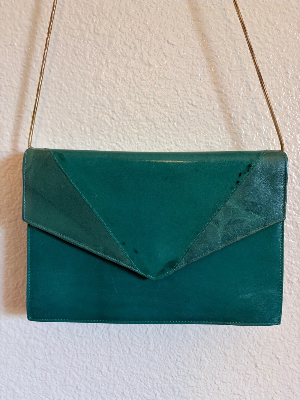 Vintage 80s Turquoise Leather and Brass Clutch Crossbody